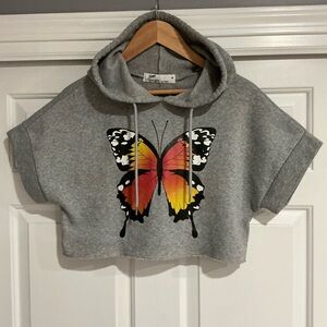 Roma Concept By Rosee Gray Cropped Hoodie with Butterfly Design M